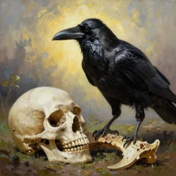 hyper realistic painting, detail of giant crow eating a human skull, in a surreal landscape