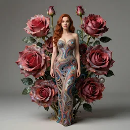 perfectly - centered!! looking at the camera!!! full body portrait of christina hendricks with roses, baroque style, roses, intricate abstract upper body intricate artwork, by tooth wu, wlop, beeple, dan mumford. concept art, octane render, deviantart, greg rutkowski, cinematic arthouse, key art, hyper realism, iridescent accents