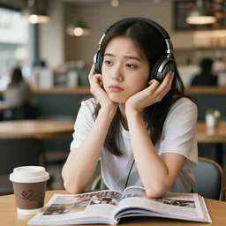 young adult woman in a coffee shop wearing headphones looking bored, natural light, magazine photo, 5 0 mm lens
