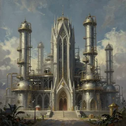 futuristic chemical plant with gothic elements, fantasy painting, lots of detail, artstation, elegant, intricate