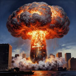 A nuclear bomb explodes over manhatten giant mushroom cloud, beautiful matte painting, michael whelan, frank frazetta, sid mead, thomas kinkade, rodney mathews, trending on artstation