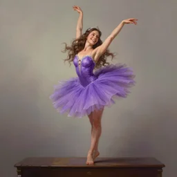happy brunette fairy woman stretching, wearing purple romantic tutu, standing on top of a piano, d & d, fantasy, highly detailed, digital painting, trending on artstation, concept art, sharp focus, illustration, art by artgerm and greg rutkowski and magali villeneuve