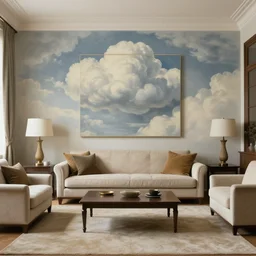 detailed living room filled with clouds, painting by rene magritte, centered, high detail, high resolution