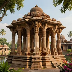 photography of a beautiful archipelago of never seen before stunning ancient indian temple and palaces. complex intricate pilars patern, runes. trees water and flowers. afternoon light inspiring science fiction, intricate, elegant, uplifting, inspirational, highly detailed by beksinski and simon stalenhag