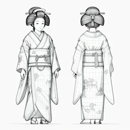 highly detailed schematic, technical drawing, orthographic view, 3d wireframe, Japanese robot geisha, split 4 view, blender screenshot