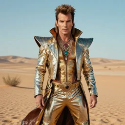 portrait billy idol dressed in fantasy fashion, new wave, psychedelia, shiny metal, standing in a desert