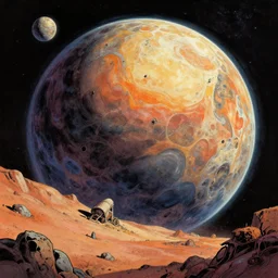 very detailed, prophet graphic novel, ilya kuvshinov, mcbess, rutkowski, simon roy, illustration of a dead planet as seen from space, wide shot, colorful, deep shadows,