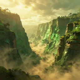 green canyon with golden dust on the sky, artstation, magic fantasy