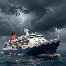 one cruise ship sinken lying on its side in sea, dark, storm, thunderstorm unreal engine Hight detailed An epic fantastic realism dinamic lighting, Bermuda triangle