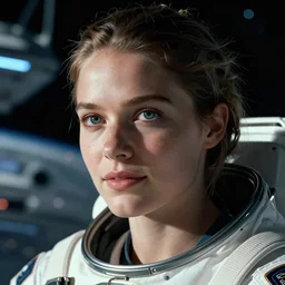 film still of closeup beautiful model space tourists, futuristic space colony space port by emmanuel lubezki