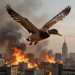 a burning city with plumes of smoke in the background, massive duck hovering over the city, artistic, 8k