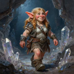 happy female fantasy dwarf miner walking through a crystal mine, rpg portrait reference, oil painting, trending on artstation, octane render, insanely detailed, 8 k, hd