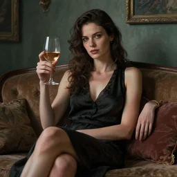 an insanely detailed portrait of a beautiful mother sitting next to you on the couch holding a glass of wine, in the style of peter mohrbacher, artgerm, dramatic lighting and composition, octane render, trending on artstation, concept art 8 k