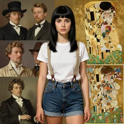 a woman with black hair and long pixie haircut in shorts with suspenders and white t-shirt drawn by george bellows, gustave caillebotte, Alexandre Cabanel, norman rockwell, frederic leighton, maler collier, ralph bakshi, alphonse mucha, gustav klimt 4k, unreal 5, DAZ, french noveau, trending on artstation, octane render, hyperrealistic