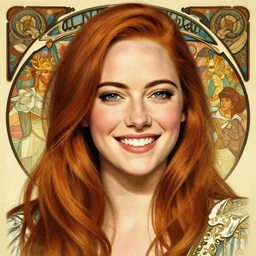 portrait of emma stone smiling, 8 k highly detailed, sharp focus, illustration, art by artgerm, mucha, bouguereau, tim hildebrandt, francois boucher