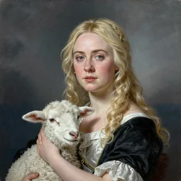 professional painting of Elle Fanning in Santorini holding a white lamb in the style of Thomas Lawrence, head and shoulders portrait, symmetrical facial features, smooth, sharp focus, illustration, intricate, stormy weather, extremely detailed masterpiece,