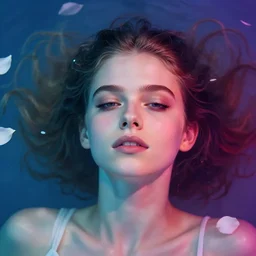 portrait of a beautiful girl + anya taylor - joy floating under the deep dream water, colorful lighting + white petal, by personal photography, art by brookskim, closeup, 4 k, highly detailed, instagram,