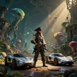 adventure theme, space pirates, alien creatures, friendly, future cars