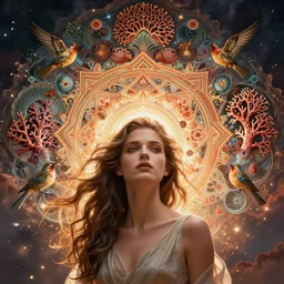ridiculously beautiful young woman tripping, coral fractals radiating from head, sacred geometry, nature, birds, symmetrical, in the style of ernst haeckel, effervescent, warm, photo realistic, epic and cinematic,