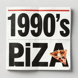 a photo and large impressive text, 1 9 9 0's pizza magazine.