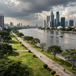 linear park and esplanade along pasig river, view of the river and metro manila skyline, concept art, artstation