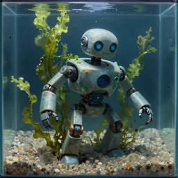 an underwater closeup painting of a robot made of seaweed stuck in aquarium gravel, a digital painting by jason edmiston, trending on artstation, digital painting, digital illustration