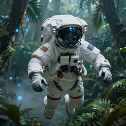 portrait mid angle shot of space astronaut flying inside tropical jungle with palm leaves, small foggy and gloomy blue lights, highly detailed science fiction illustration by jeremy geddes. photorealistic, octane render, hyper detailed, 8 k, movie still, artstation, unreal engine