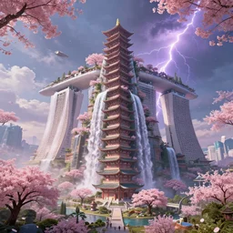 huge gargantuan angular dimension of pagoda liminal spaces, temples by escher and ricardo bofill. utopian singaporean landscape by roger dean. magical realism, surrealism, lush sakura trees, waterfalls, thunder, lightning, vaporwave, trending on artstation, shot from below, epic scale