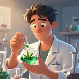 digital procreate drawing ink outline style sharp angles laboratory beakers portrait of cannabis alchemy experiment illustration by pixar cartoon rendered global illumination