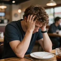 8 5 mm photography of a depressed guy at a restaurant. highly detailed 8 k. intricate. lifelike. soft diffused light. nikon d 8 5 0.