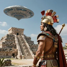 A fierce Aztec warrior watches ominous alien spacecraft flying above the Aztec temple. Intense dramatic epic sci-fi concept artwork in the style of Jacek Pilarski and Greg rutkowski and Sylvain Lorgeou. Awarded on artstation