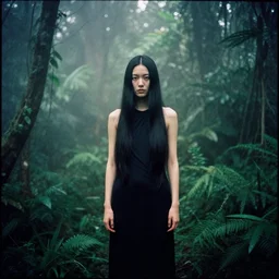 a female model with long black hair, emerging from a dense misty jungle wearing a black dress by rick owens, in the style of daido moriyama, japanese photography, 3 5 mm film, camera obscura, hyper realistic, analogue photography