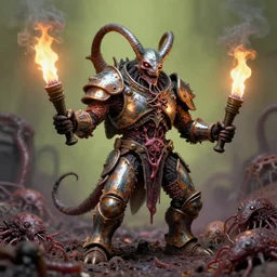 airbrush macro baphomet orcus horror, random animal | viscera as god |, carapace rusted chrome chaos in dystopic armor, deep in sewer louse system, chris foss, enric torres, alberto bontempi, feng zu hyper realism, torch light, muted horror of puce lime colors, epic, hyper detailed, awe inspiring, award winning horror, torch