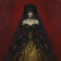 a very soft and dark haunting oil painting portait of hatsune miku in a black golden wedding dress, scarlet background, by antonio saura and fernando zobel, ethereal, evil presence, haunted painting, tachisme, low lighting