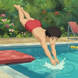 a wholesome animation key shot of a focused life guard at an outdoor swimming pool, diving boards, floats, splashing, medium shot, waist up, studio ghibli and disney animation, sharp, rendered in unreal engine 5, anime key art by greg rutkowski, bloom, dramatic lighting, artstation, instagram
