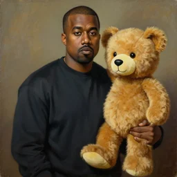 A renaissance painting of Kanye West with a anthropomorphic Teddy Bear mascot, portrait,