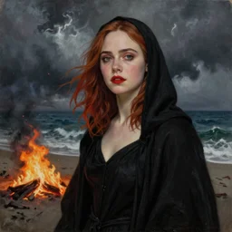 Elle Fanning wearing black cultist robes in the style of Paola Vetri, a fire burns on the beach, head and shoulders portrait, stormy weather, extremely detailed masterpiece, oil on canvas, low-key neon lighting, artstation, Blade Runner 2049, Roger Deakin’s cinematography, by J. C. Leyendecker and Peter Paul Rubens and Edward Hopper and Michael Sowa,