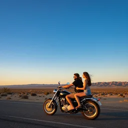hd wallpaper, romantic couple ride on motorbike, ride out here, road california desert, sunset, blue sky, award winning photo