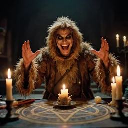 Jar Jar Binks grinning maniacally, a satanic ritual with candles and a pentagram, movie screenshot directed by David Fincher, and cinematography by Roger Deakins. Shot from a low angle. Cinematic. 24mm lens, 35mm film, Fujifilm Reala, f8
