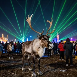 reindeer breeders crowded rave in tundra with laser show decorations, hyperrealistic phot, octane render, dynamic lighting
