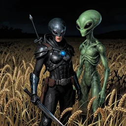 An dramatic, comic-book style image of an badass MIB encountering an alien for the first time in a dark field of wheat at night, detailed, ominous