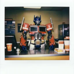 optimus prime working the front counter of mcdonald's ready to take your order, eighties polaroid, flash photography, photorealistic, kodachrome
