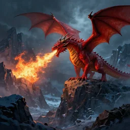 the red dragon breathes fire in the distance of the dark icy mountains, digital art, hyper-real, trending on artstation, Greg Rutkowski