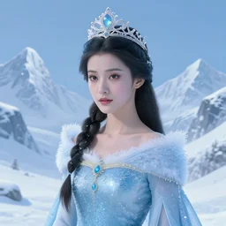 a cinematic portrait female snow princess, soft blue background, tall mountains, snow, intricate, elegant, highly detailed, digital painting, artstation, concept art, smooth, illustration, art by artgerm and hsiao ron cheng