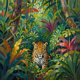 deep in the jungle with exotic plant life, colorful tropical plants, natural botanical gardens, vines along the jungle floor, a panthers eyes staring at the camera, acrylic painting by henri rousseau and james jean, artstation, concept art, award winning,