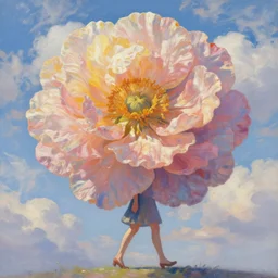 gigantic flower head, woman walking, surreal, clouds in sky, impressionist painting, digital painting, artstation, rob gonsalves