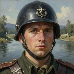 A Hearts of Iron IV portrait of a soldier in front of a river. Highly detailed, fine Art, high detail, great lighting, 8k resolution, masterpiece, concept art, illustration, clear eyes, painting oil on canvas, octane render, HDR, trending on artstation, 4k, 8k, HD