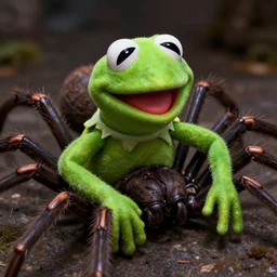kermit the frog's head on a giant spider, realistic, creepy, horror, detailed