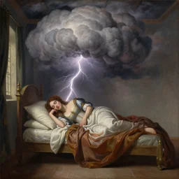 a renaissance romance style painting of a sleeper with a cumulonimbus over her head and lightning strikes hitting the corners of the room