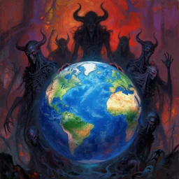 group of shadow entities governing the globe in surreal style, illustration, digital painting trending on artstation, 8 k, ultra, extreme detail, bizzare, otherworldly, demonic in nature, colourful and vivid
